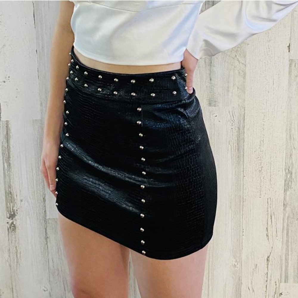 Studded leather-like skirt